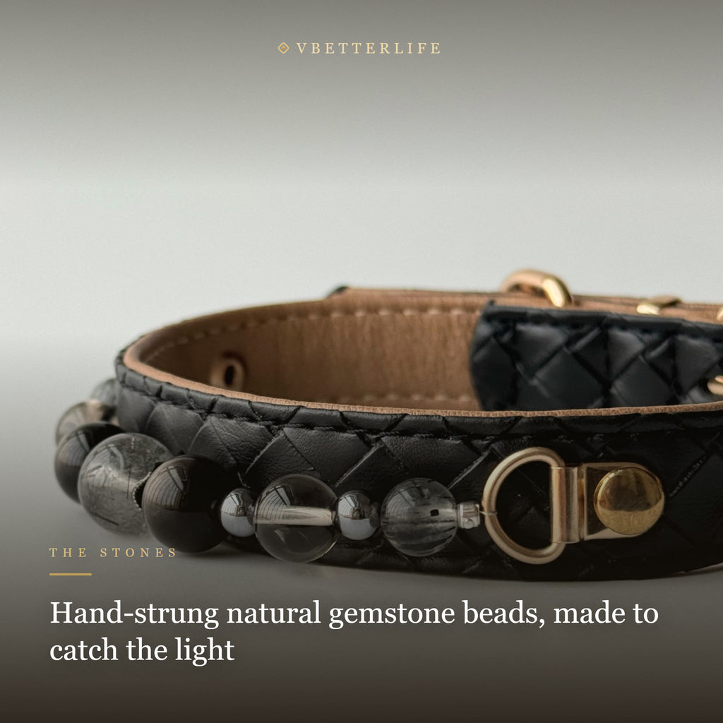 Smoky Quartz Beaded Dog Collar for Small Dogs, Black Quilted Leather