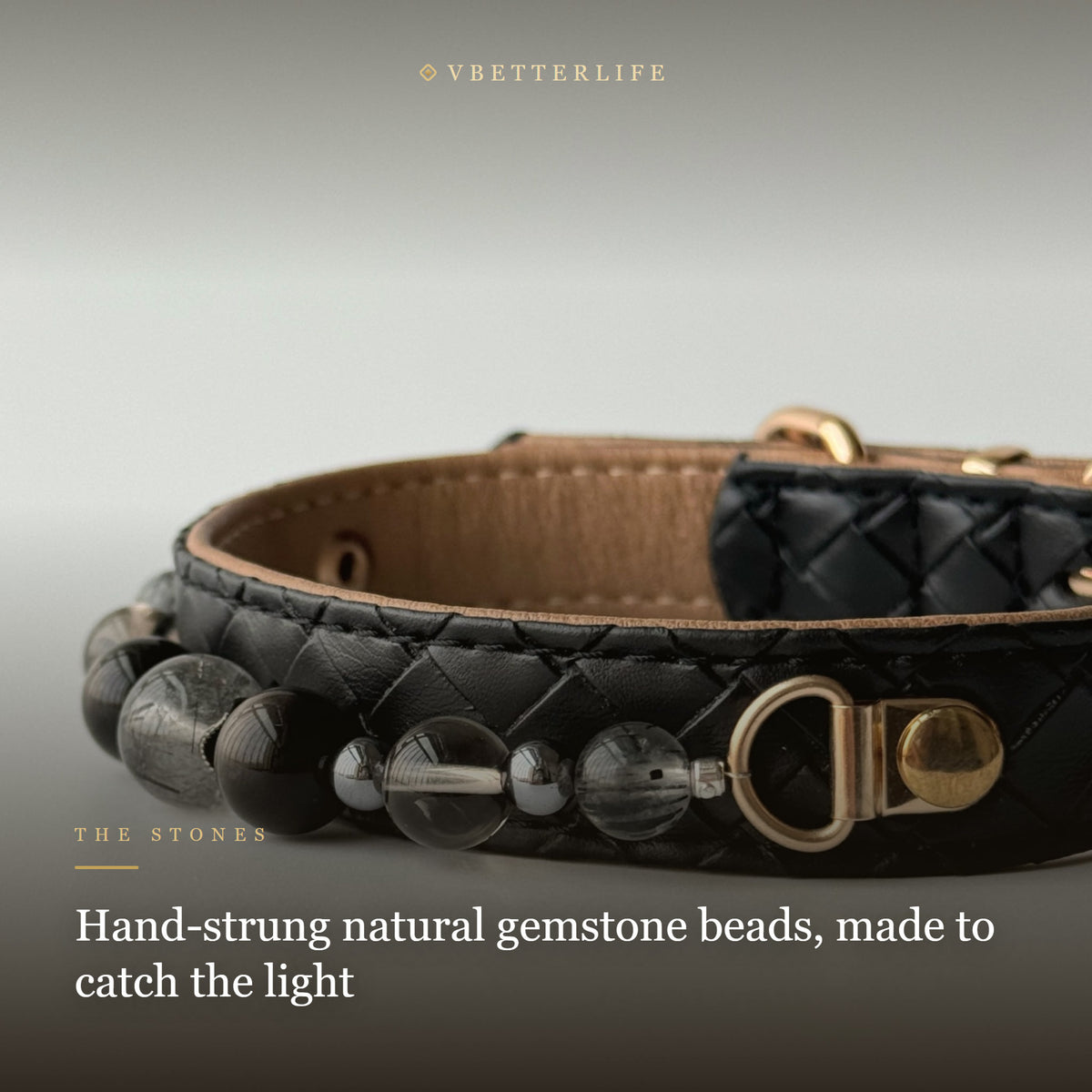 Smoky Quartz Beaded Dog Collar for Small Dogs, Black Quilted Leather