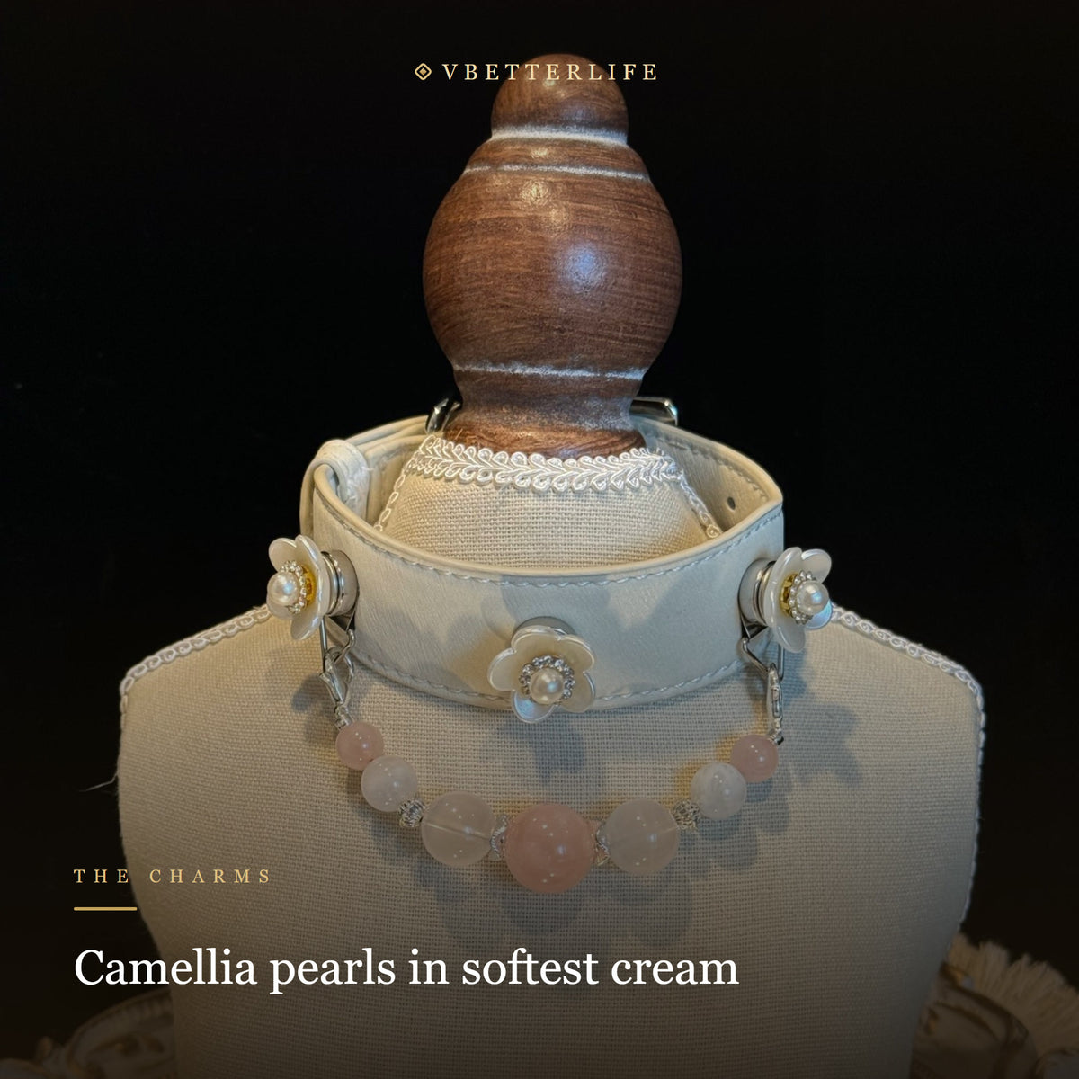 Camellia Pearl Flower Gemstone Dog Collar - Rose Quartz Mix