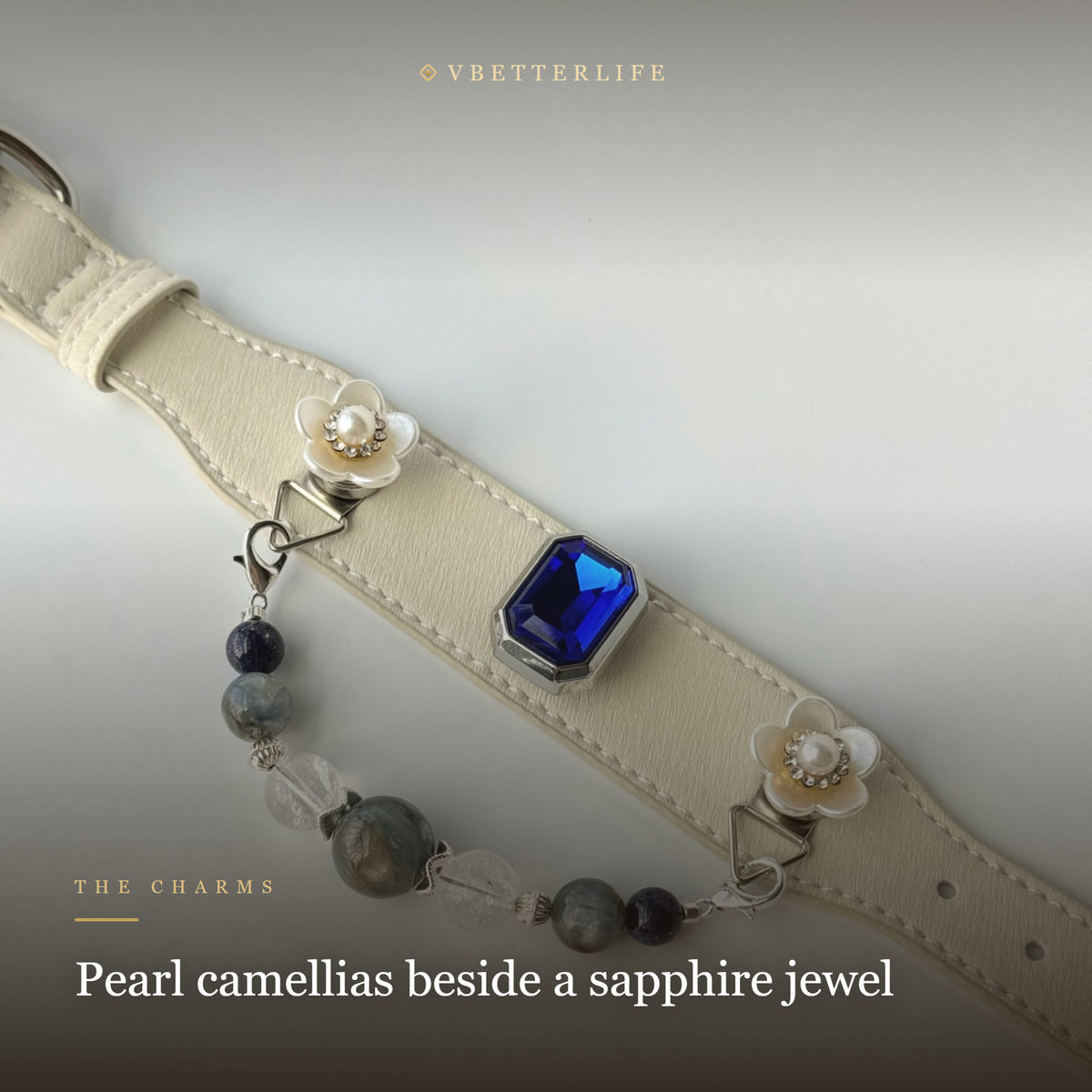 Camellia Pearl Flower Gemstone Dog Collar - Sapphire Mix