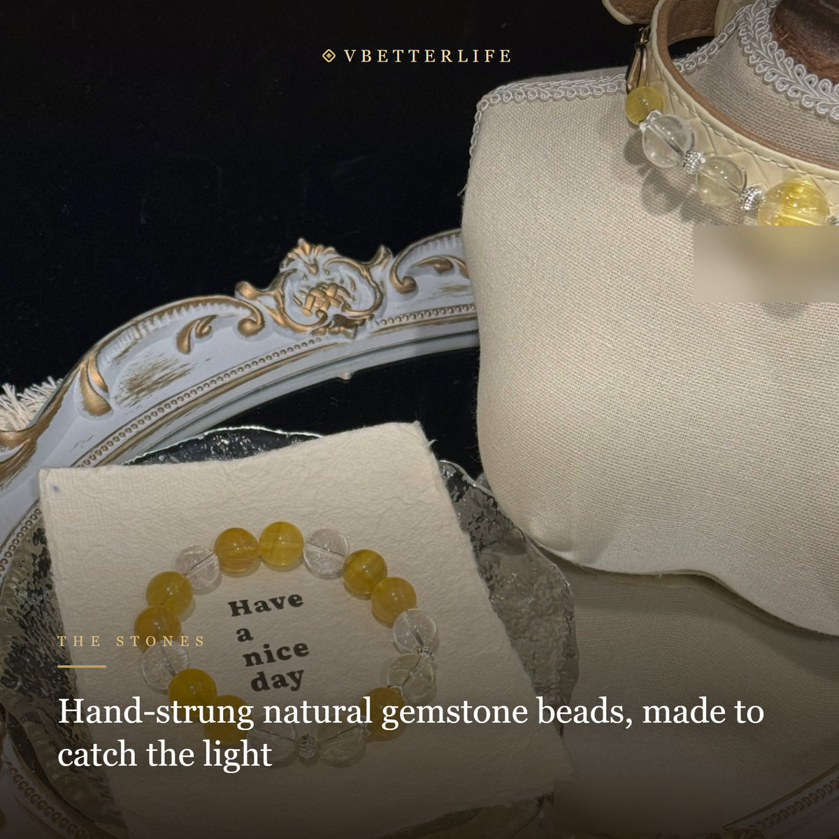 Citrine & Clear Quartz Beaded Dog Collar for Small Dogs, Cream Quilted Leather
