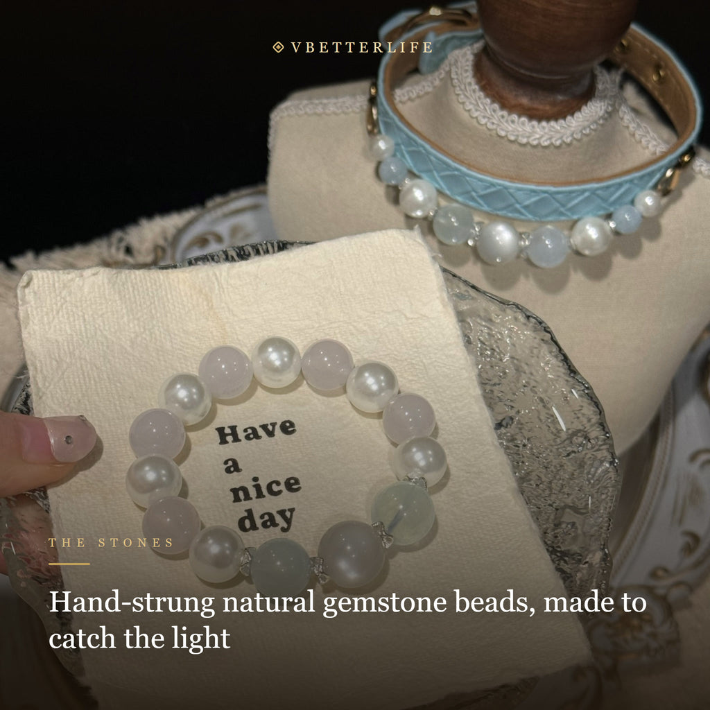 White Pearl & Moonstone Beaded Dog Collar for Small Dogs, Sky Blue Leather