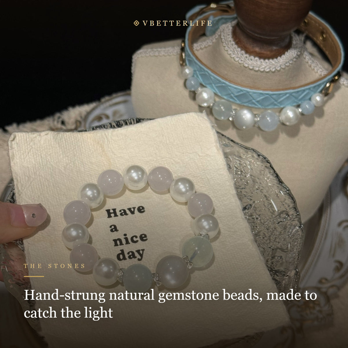 White Pearl & Moonstone Beaded Dog Collar for Small Dogs, Sky Blue Leather