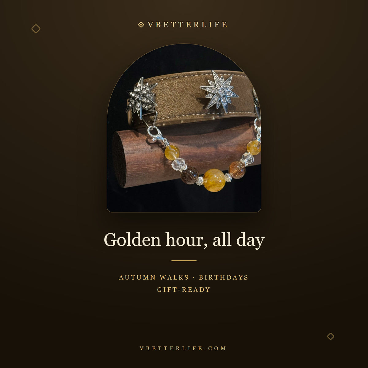 Stella Polaris Starburst Crystal Dog Collar - Golden Rutilated Mix