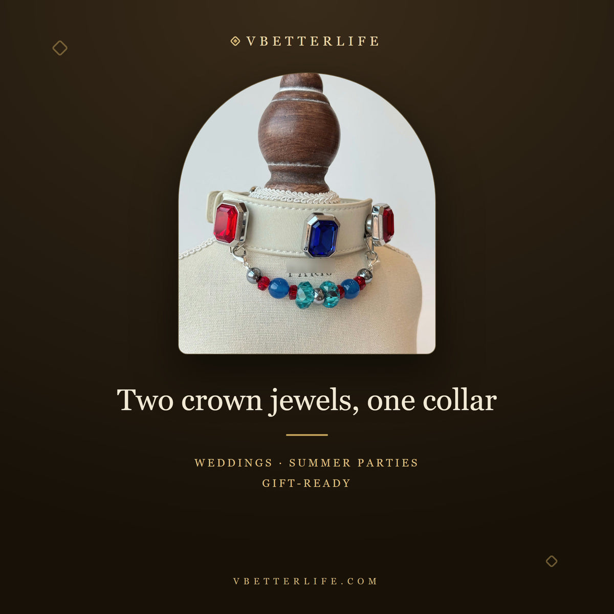 Grand Duchess Emerald-Cut Crystal Dog Collar - Sapphire Ruby Cream