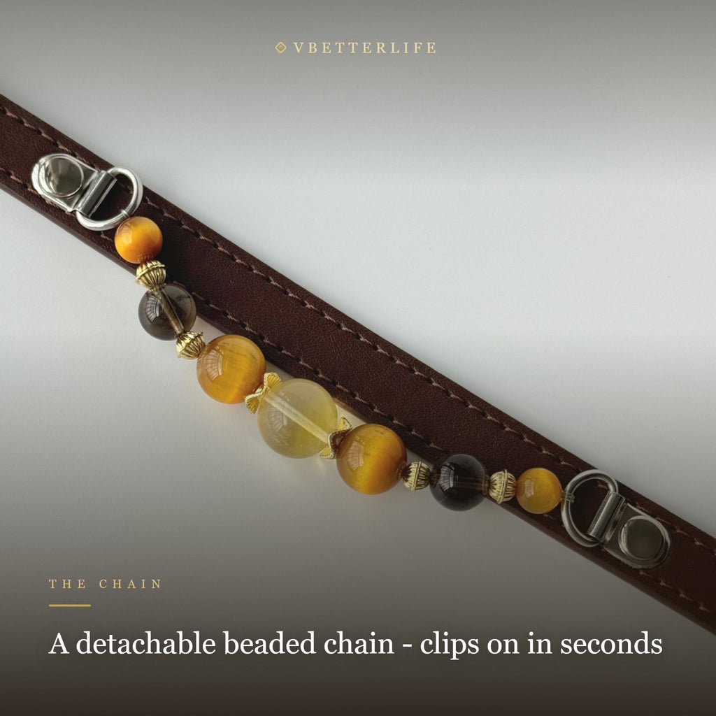 Amber & Tiger Eye Beaded Dog Collar for Small Dogs, Brown Leather