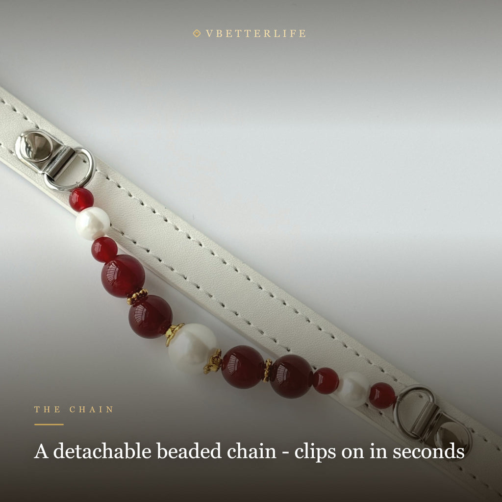 Carnelian & Pearl Beaded Dog Collar for Small Dogs, White Slim Leather