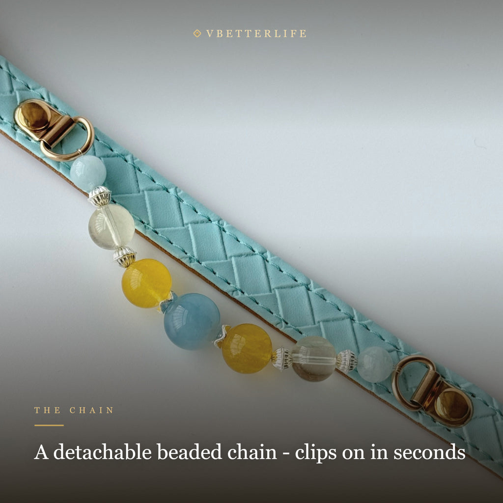 Aquamarine & Citrine Beaded Dog Collar for Small Dogs, Sky Blue Leather