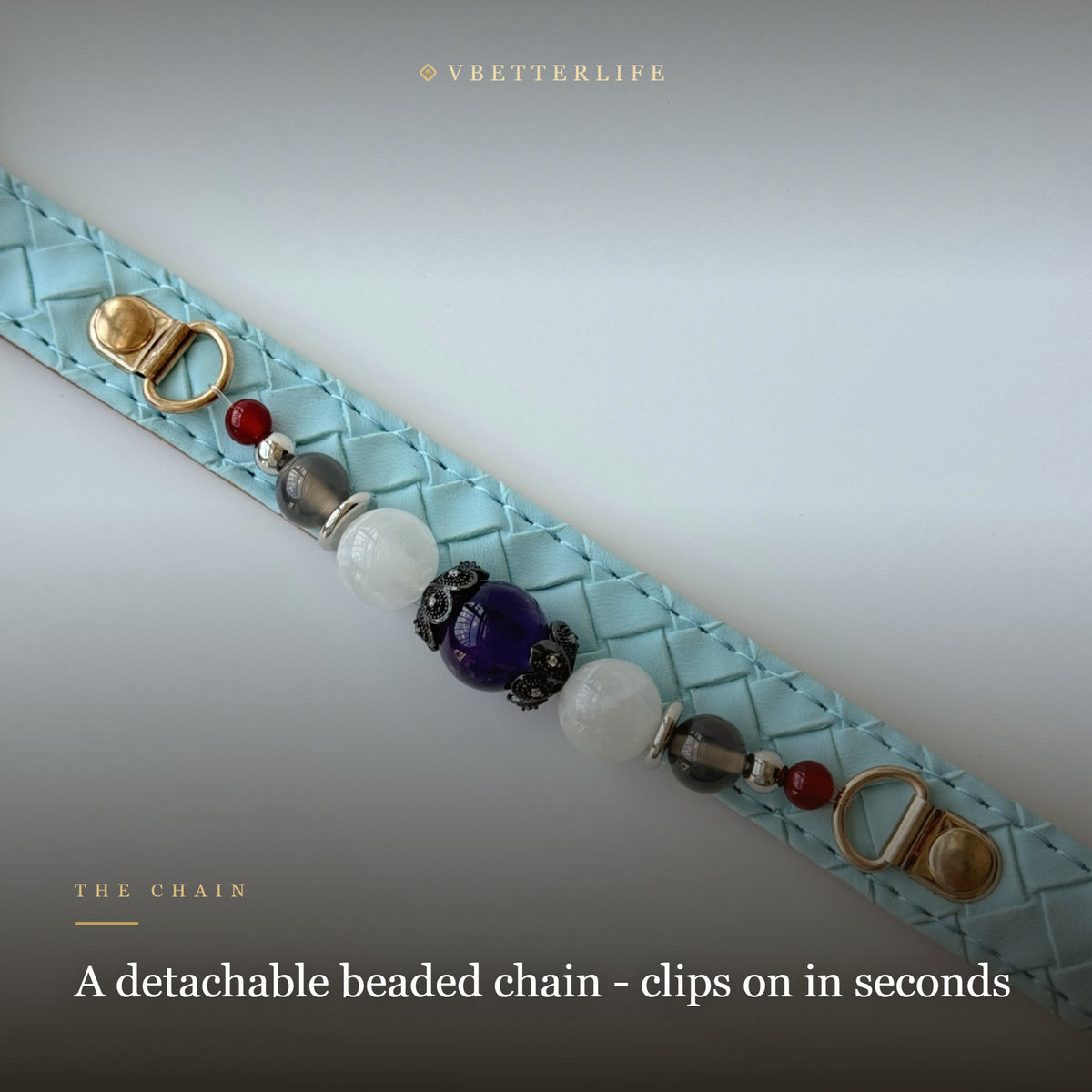 Amethyst & White Jade Beaded Dog Collar for Small Dogs, Sky Blue Leather