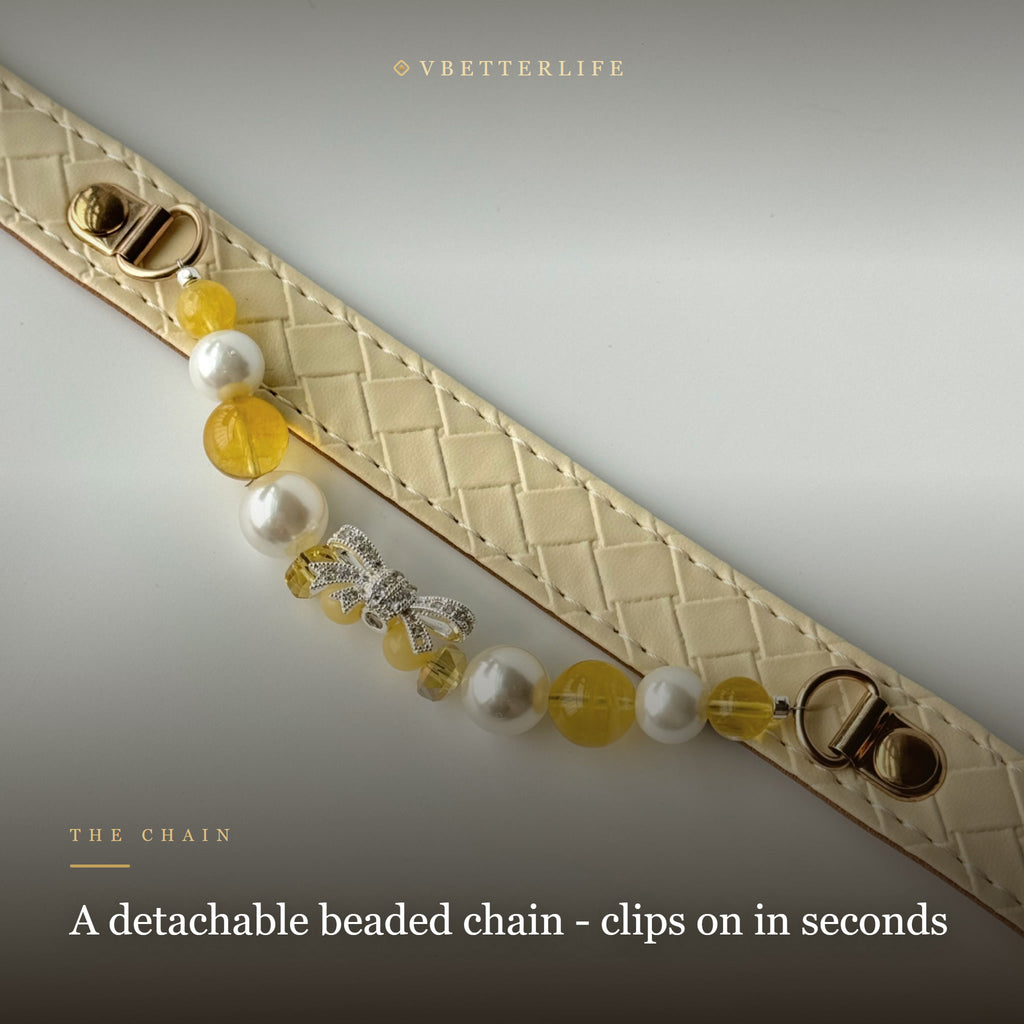 Citrine Pearl Bow Dog Collar for Small Dogs, Cream Quilted Leather