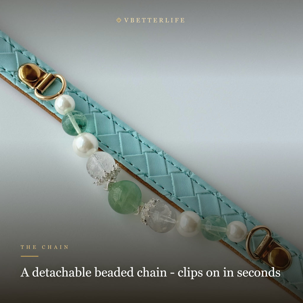 Green Aventurine & Pearl Beaded Dog Collar for Small Dogs, Sky Blue Leather