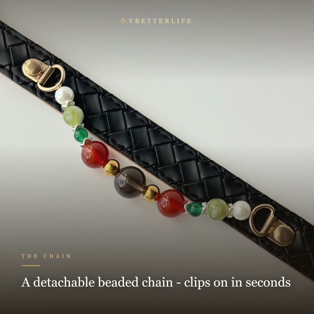 Carnelian & Pearl Beaded Dog Collar for Small Dogs, Black Quilted Leather