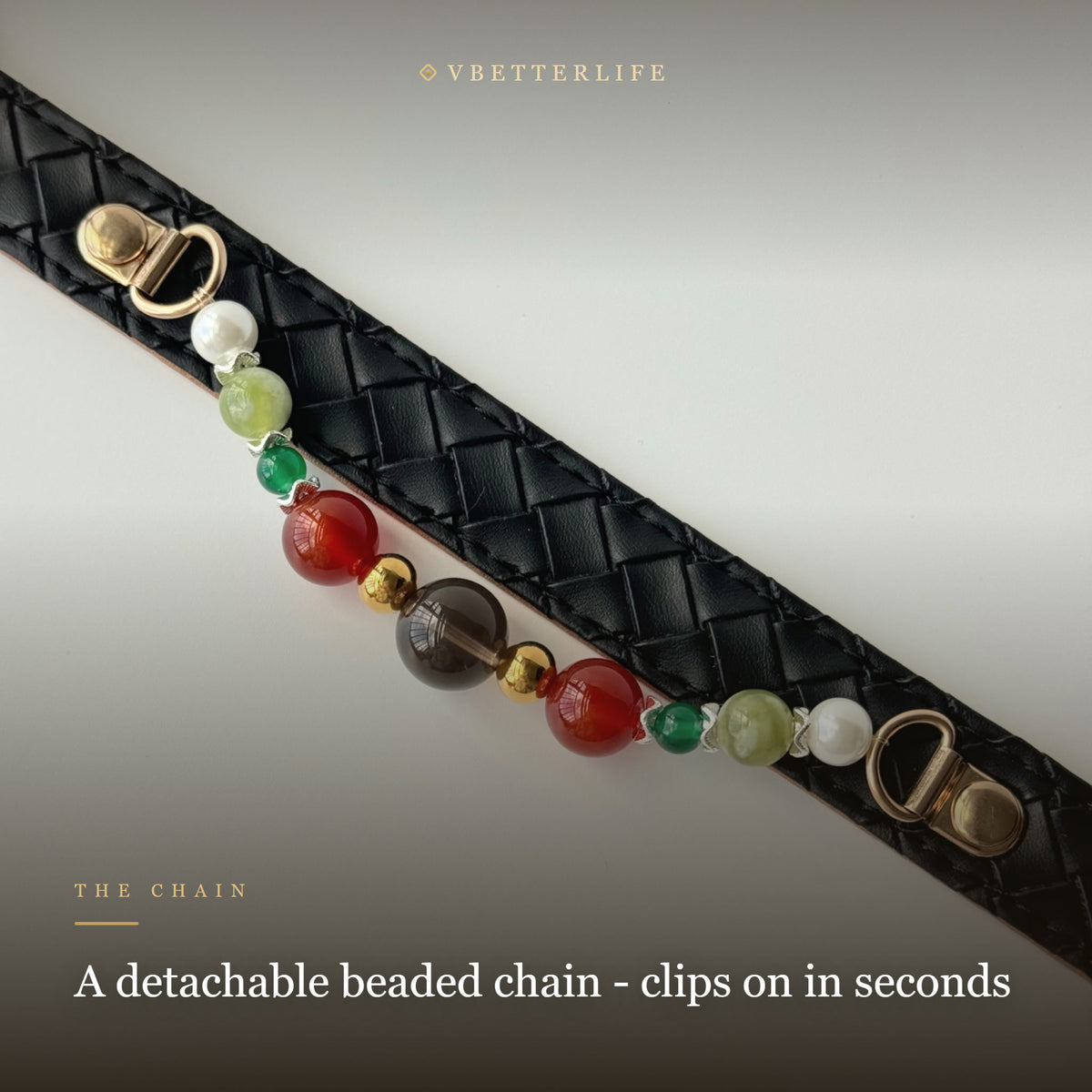 Carnelian & Pearl Beaded Dog Collar for Small Dogs, Black Quilted Leather