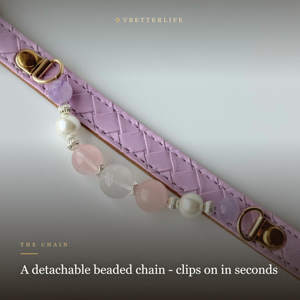 Rose Quartz Amethyst & Pearl Dog Collar for Small Dogs, Purple Quilted Leather