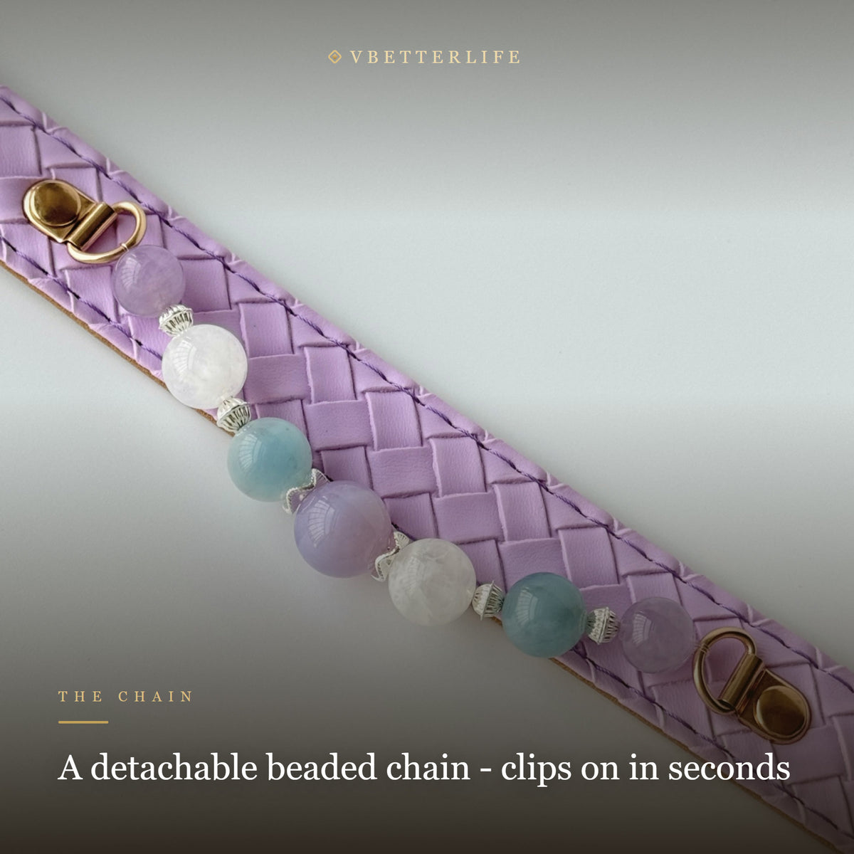 Aquamarine & Amethyst Beaded Dog Collar for Small Dogs, Purple Leather