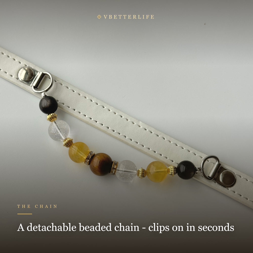 Tiger Eye & Citrine Beaded Dog Collar for Small Dogs, White Leather