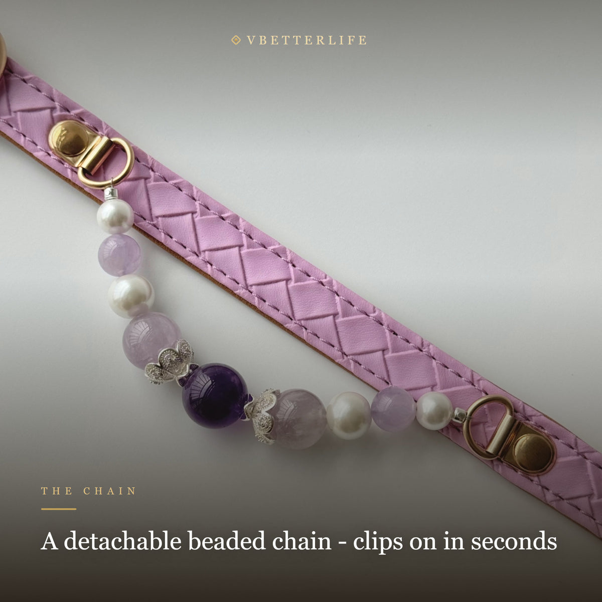 Amethyst & Pearl Beaded Dog Collar for Small Dogs, Purple Quilted Leather