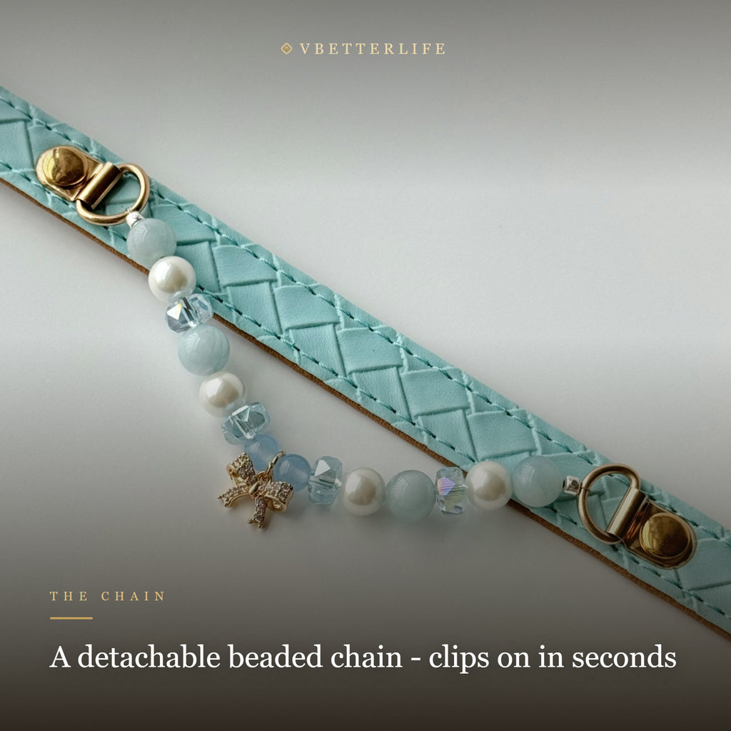 Pearl & Aquamarine Bow Dog Collar for Small Dogs, Sky Blue Quilted Leather