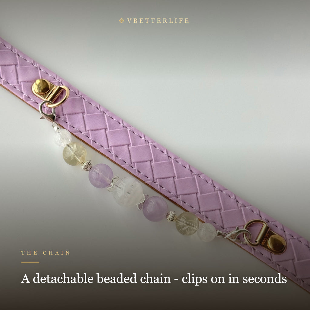 Amethyst & Cloud Quartz Beaded Dog Collar for Small Dogs, Lilac Leather