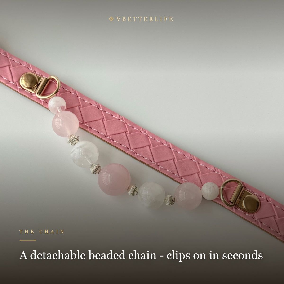 Rose Quartz Beaded Dog Collar for Small Dogs, Pink Quilted Leather