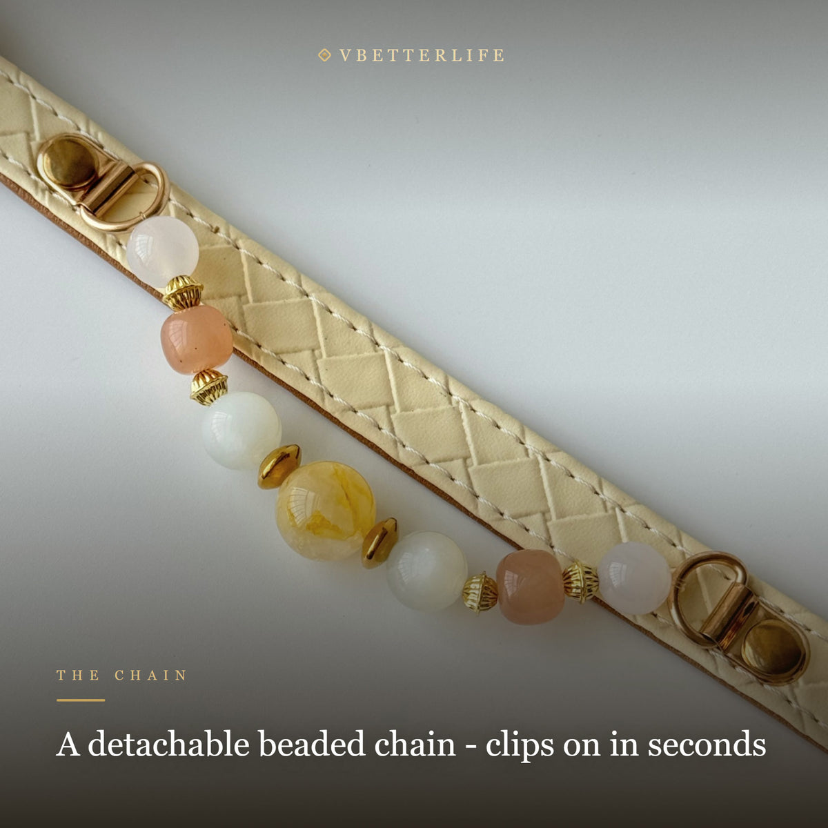 Yellow Jade & White Agate Beaded Dog Collar for Small Dogs, Cream Leather
