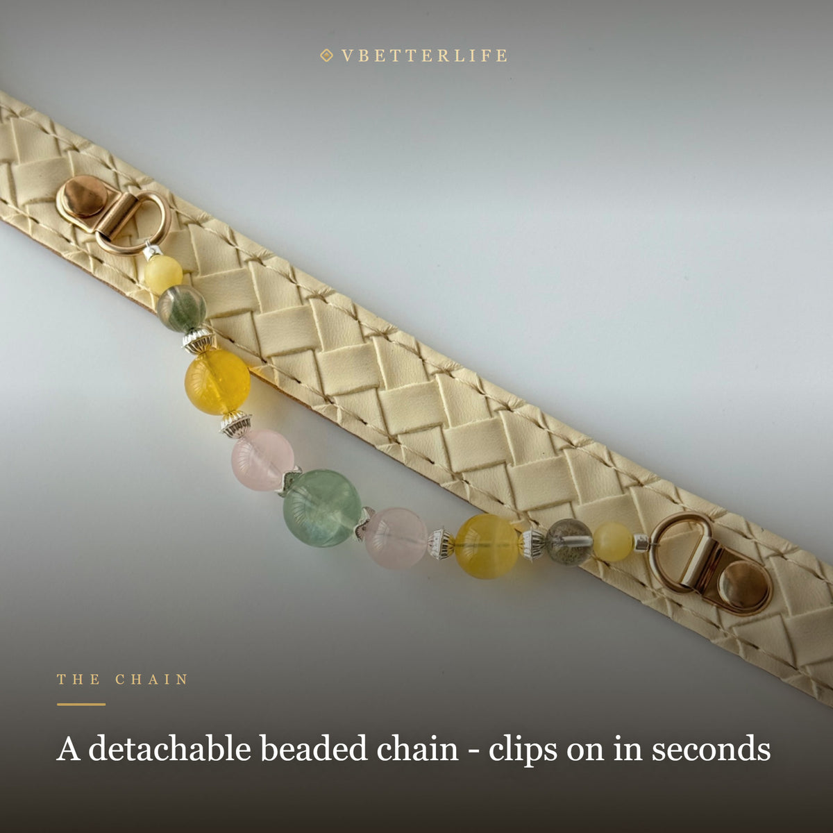 Pastel Gemstone Beaded Dog Collar for Small Dogs, Cream Quilted Leather