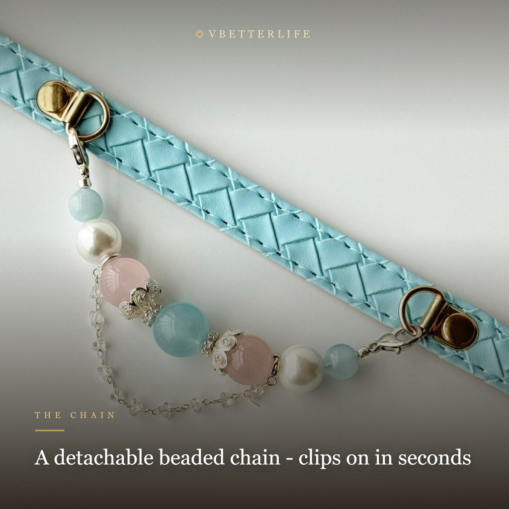 Rose Quartz & Pearl Beaded Dog Collar for Small Dogs, Sky Blue Quilted Leather
