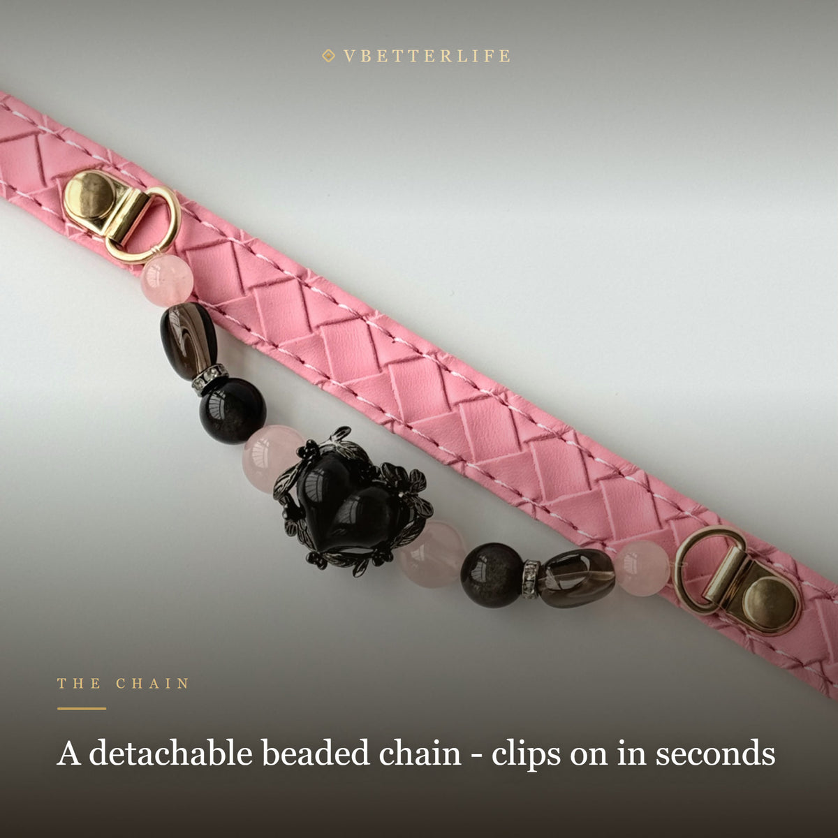 Black Heart Charm Beaded Dog Collar for Small Dogs, Pink Quilted Leather