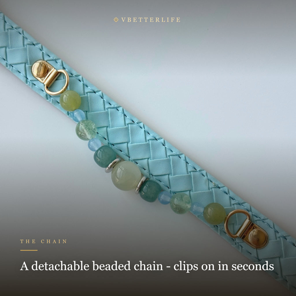 Green Aventurine Mix Beaded Dog Collar for Small Dogs, Sky Blue Quilted Leather