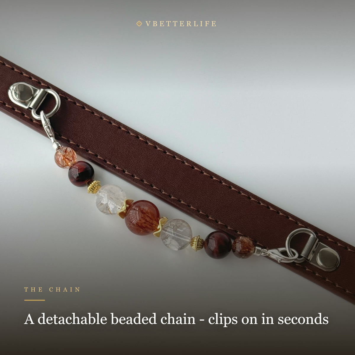 Red Agate & Tiger Eye Beaded Dog Collar for Small Dogs, Brown Leather