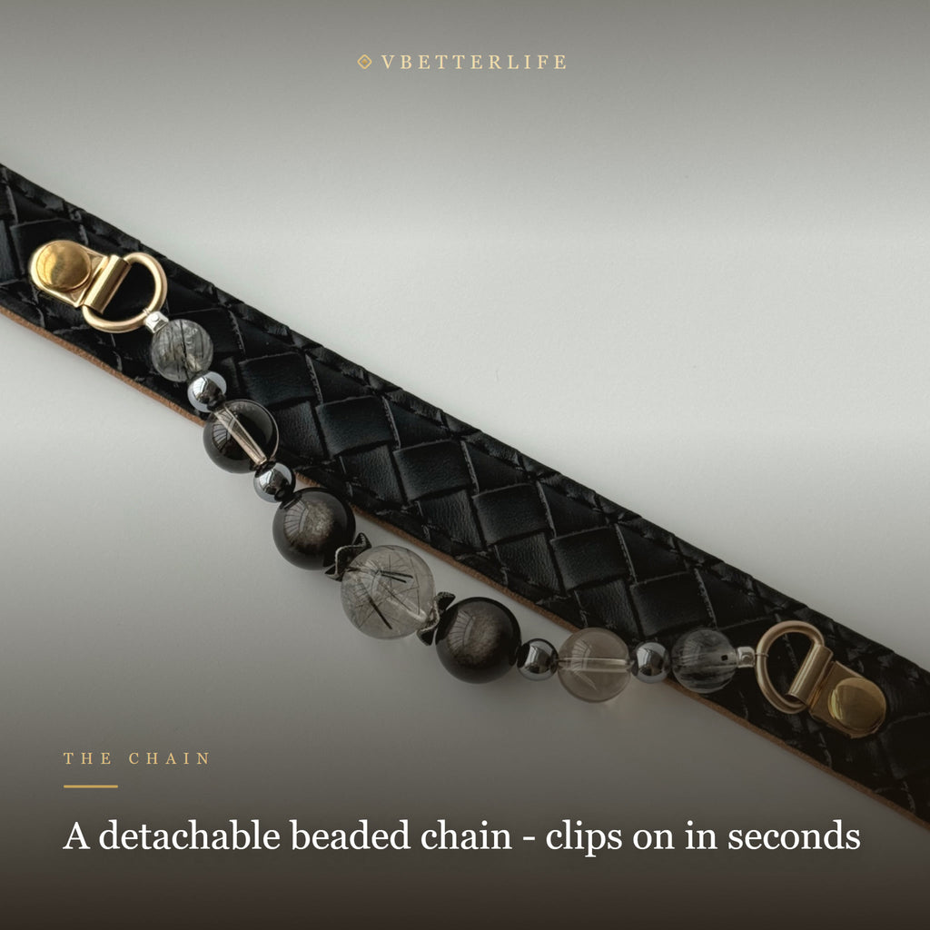 Smoky Quartz Beaded Dog Collar for Small Dogs, Black Quilted Leather