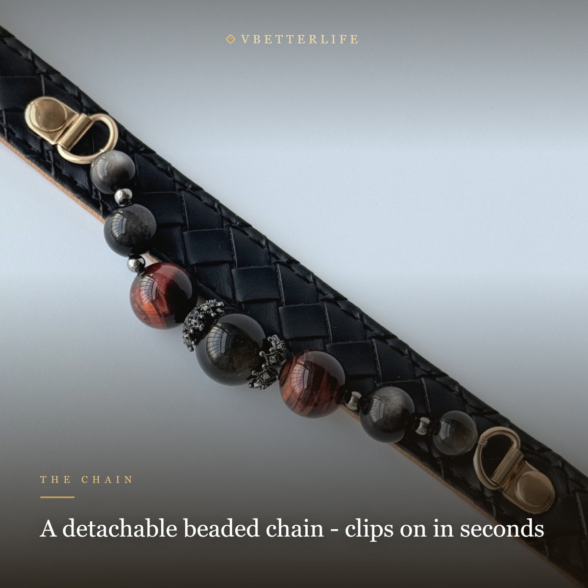Tiger Eye & Obsidian Pavé cute Beaded Dog Collar for Small Dogs, Black Leather