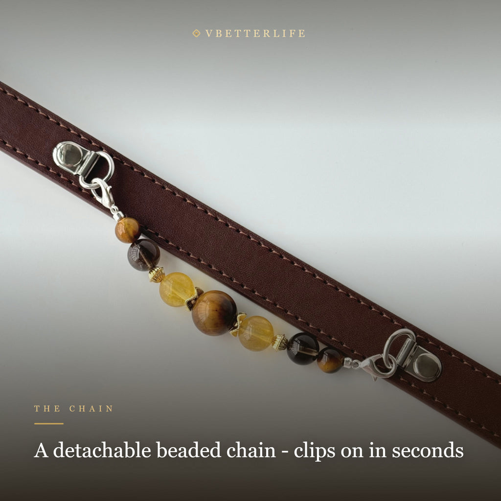 Tiger Eye & Citrine Beaded Dog Collar for Small Dogs, Brown Leather