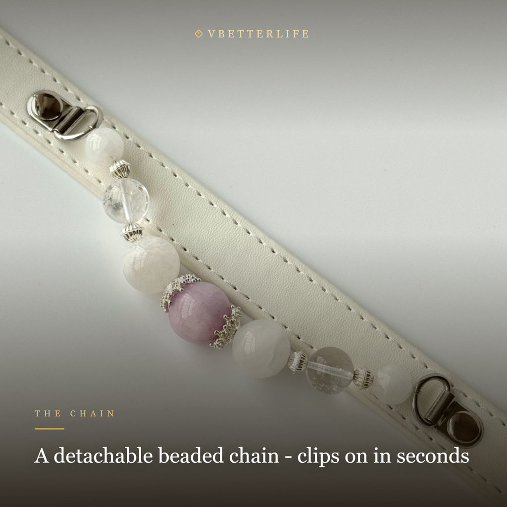 Rose Quartz & Clear Quartz Beaded Dog Collar for Small Dogs, White Leather