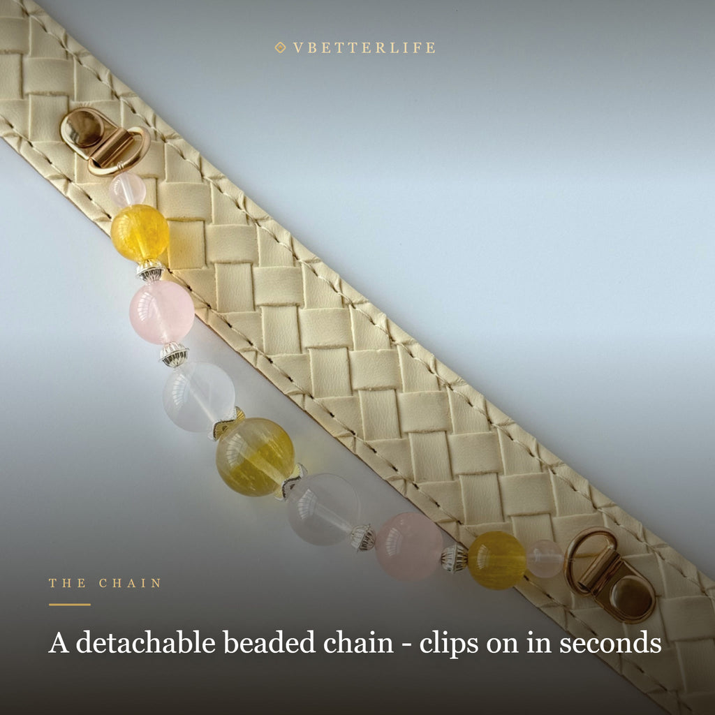 Citrine & Rose Quartz Beaded Dog Collar for Small Dogs, Cream Quilted Leather
