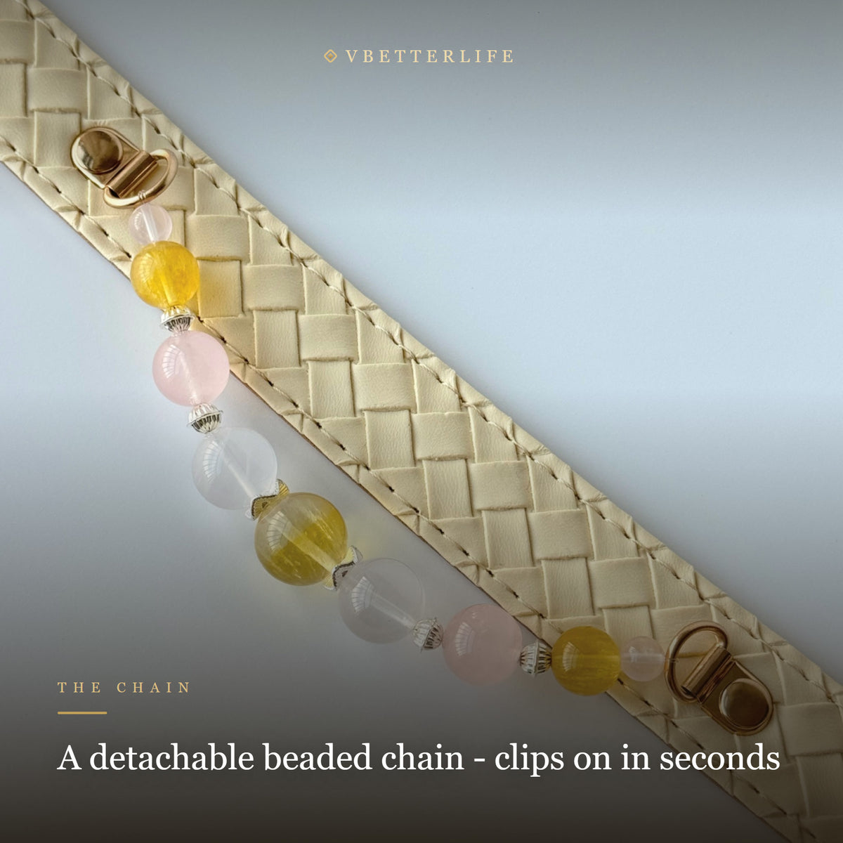 Citrine & Rose Quartz Beaded Dog Collar for Small Dogs, Cream Quilted Leather