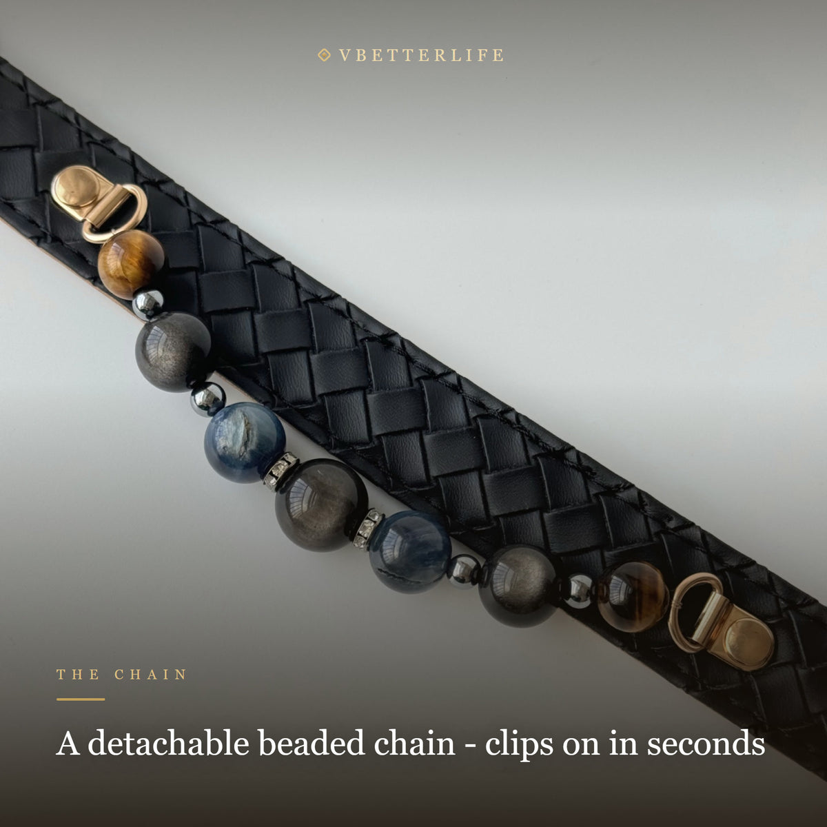 Blue Tiger Eye & Obsidian Beaded Dog Collar for Small Dogs, Black Leather