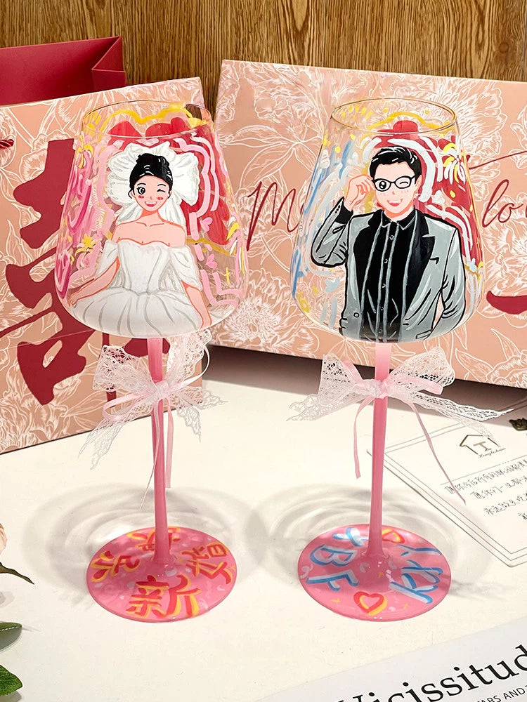 Bespoke Couple Portrait Illustration Wine Glass | Hand-Painted Custom Gift for Bride & Groom | Romantic Lace Bow Decor | Personalized Anniversary Art| Set of 2