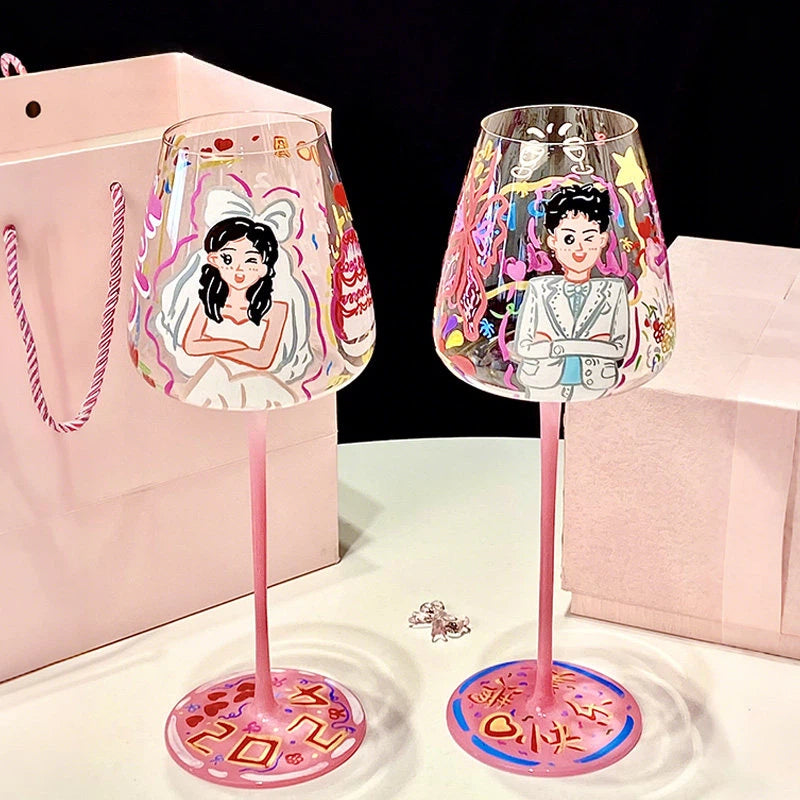 Bespoke Couple Portrait Illustration Wine Glass | Hand-Painted Custom Gift for Bride & Groom | Romantic Lace Bow Decor | Personalized Anniversary Art| Set of 2